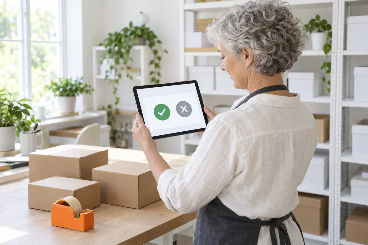 A woman with curly silver hair stands at a packing bench holding a tablet that shows a green tick button and a grey cross button, beside three plain brown parcels