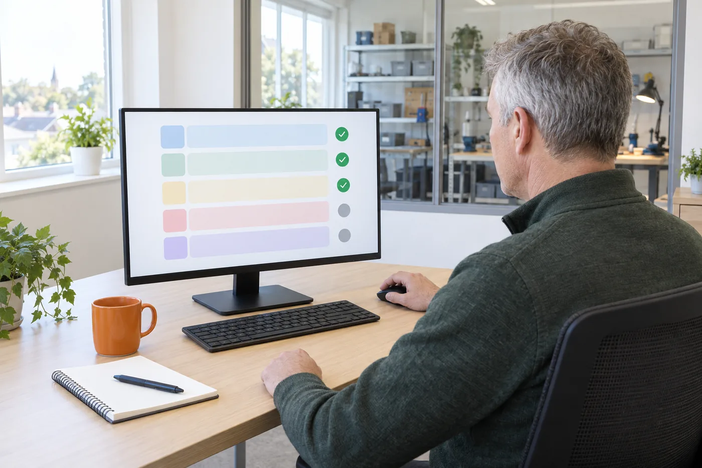 A grey-haired man at an oak desk looks at a monitor showing five coloured rows, three marked with green ticks, with a small workshop visible through a glass wall behind him