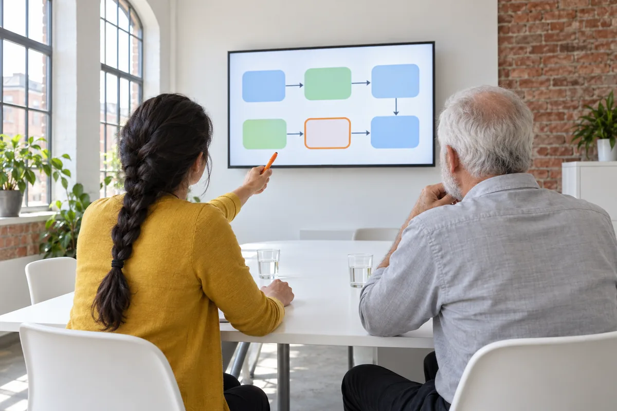 Two people seen from behind at a white meeting table look at a wall screen showing six boxes joined by arrows, and one of them points at it with an orange pen