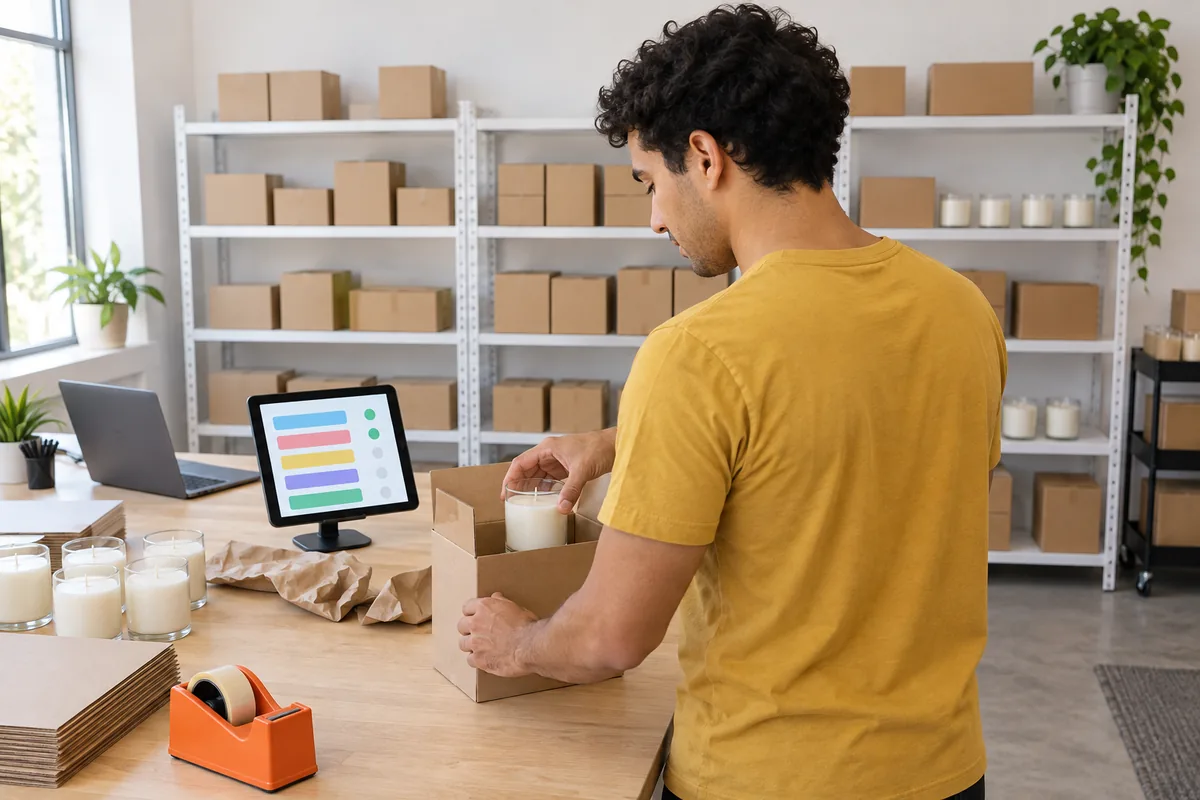 A man at a packing bench in a small candle stockroom places a candle jar into a plain cardboard box beside a tablet showing five coloured bars
