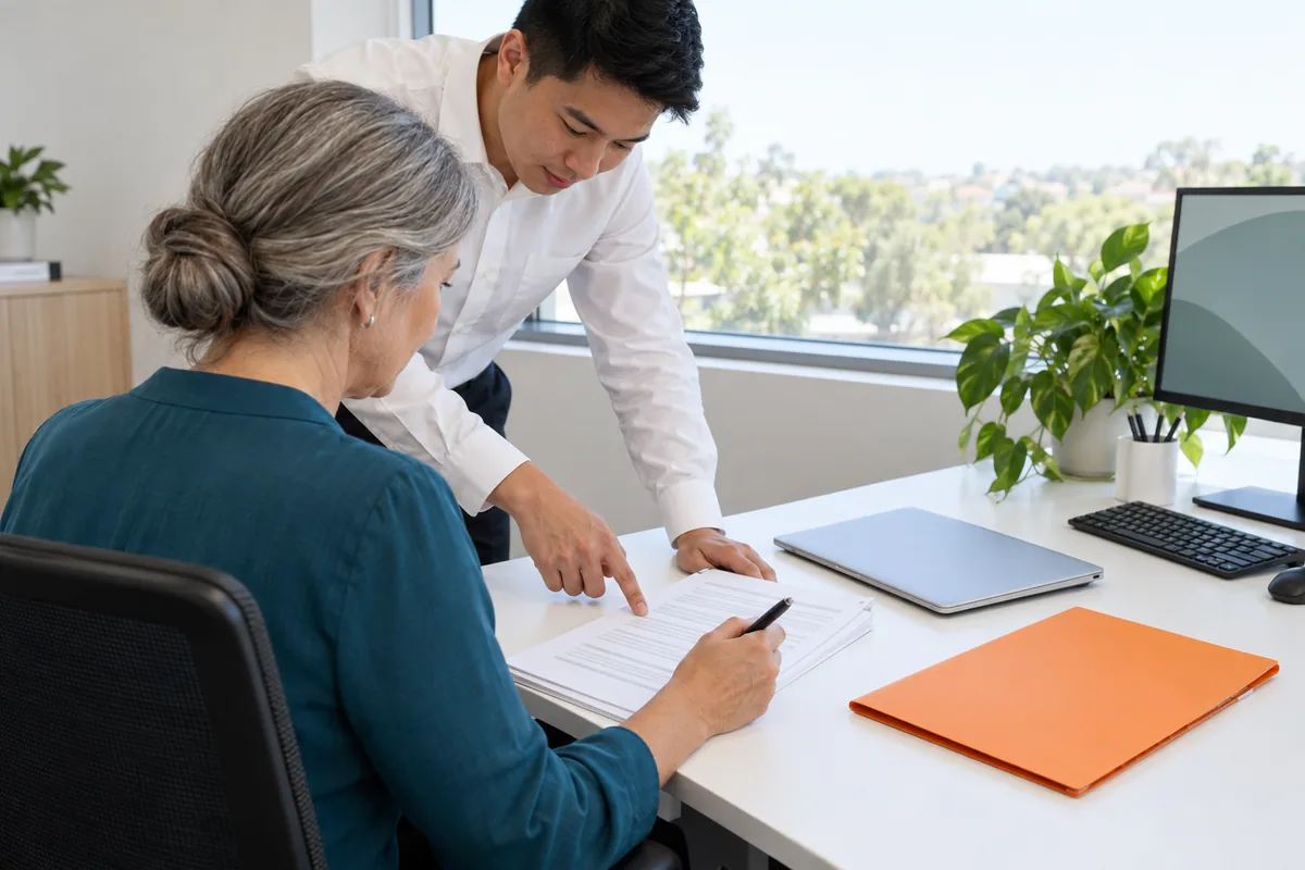 A seated woman with a pen reviews a printed document while a younger colleague leans in and points to a line on the page