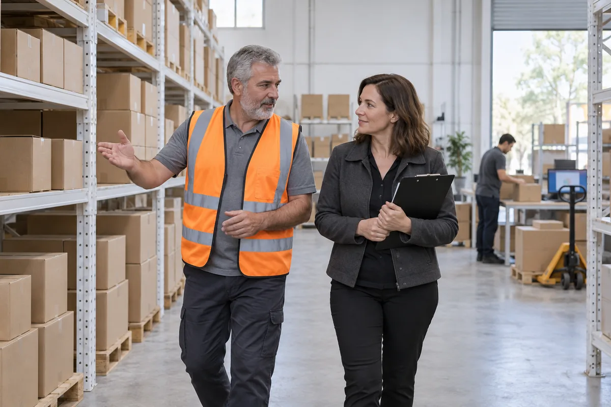 A warehouse manager in an orange vest walks an adviser holding a clipboard past shelves of plain cardboard boxes