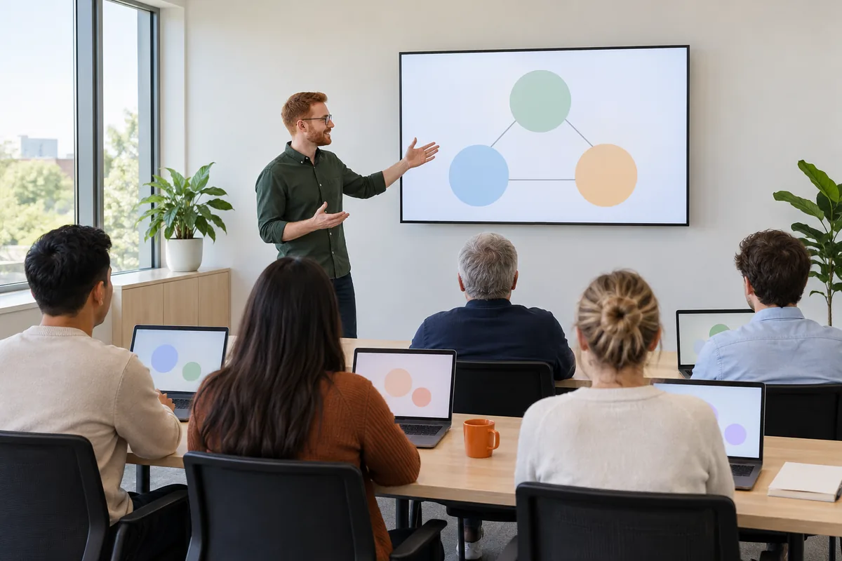 A trainer gestures at a wall screen of three coloured circles while five staff seated at laptops watch from behind