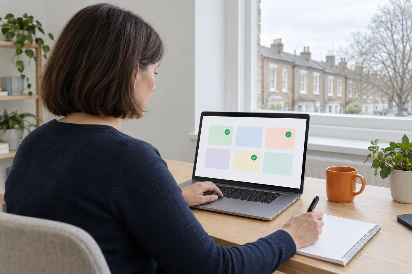 Over-the-shoulder view of a woman at an oak desk looking at a laptop that shows six coloured cards, three of them ticked, with a notepad, an orange mug and brick terraced houses outside the window