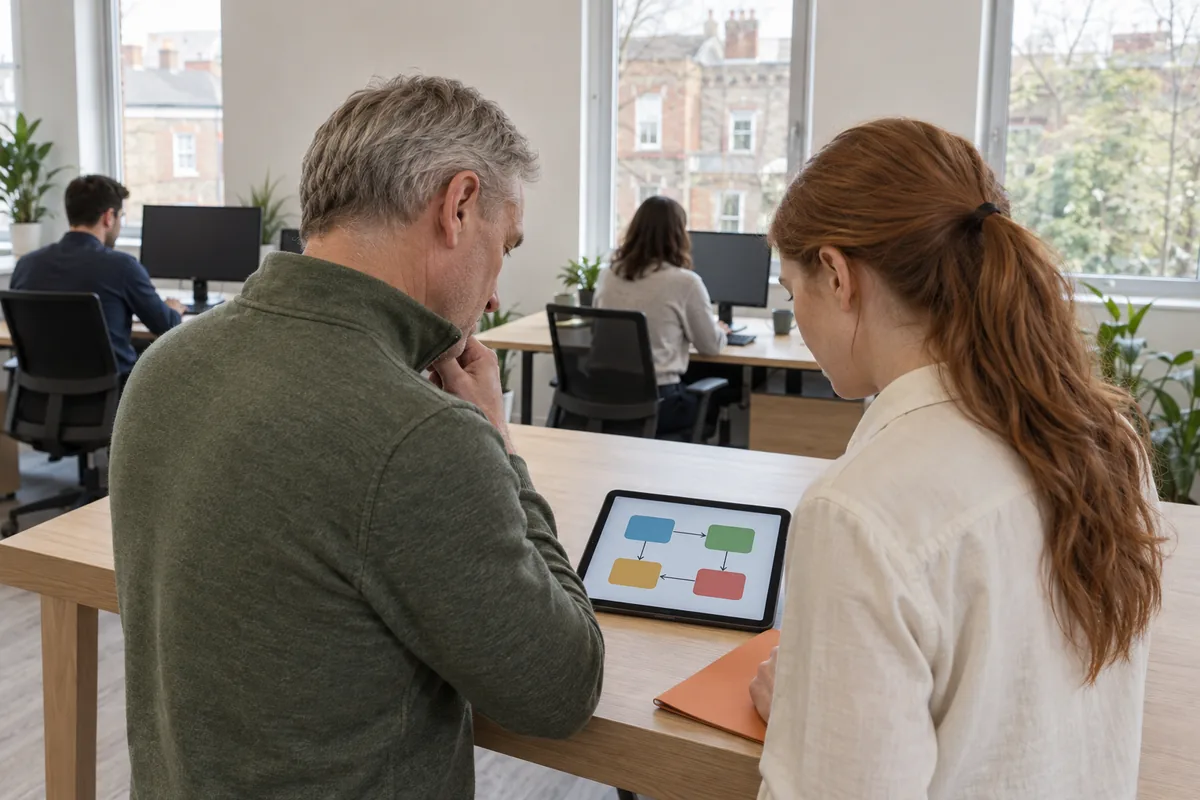 Two people at a standing table in a small office looking down at a tablet that shows four coloured boxes joined by arrows, with two colleagues working at desks behind them