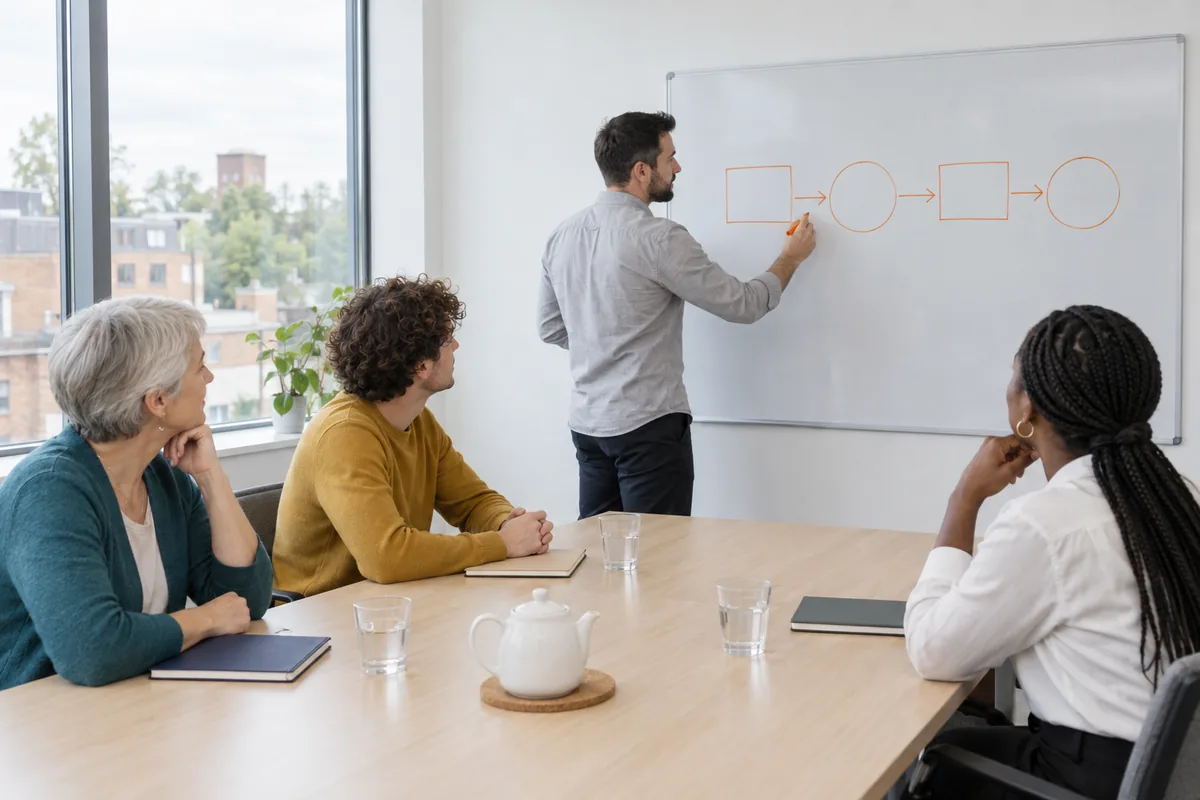 A man draws boxes, circles and arrows in orange marker on a whiteboard while three colleagues watch from a meeting table with notebooks, water glasses and a white teapot