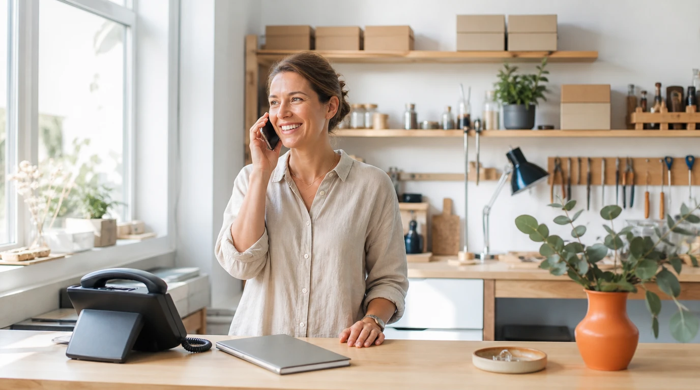 A small business owner takes a call on a mobile phone beside a desk phone in a bright workshop.