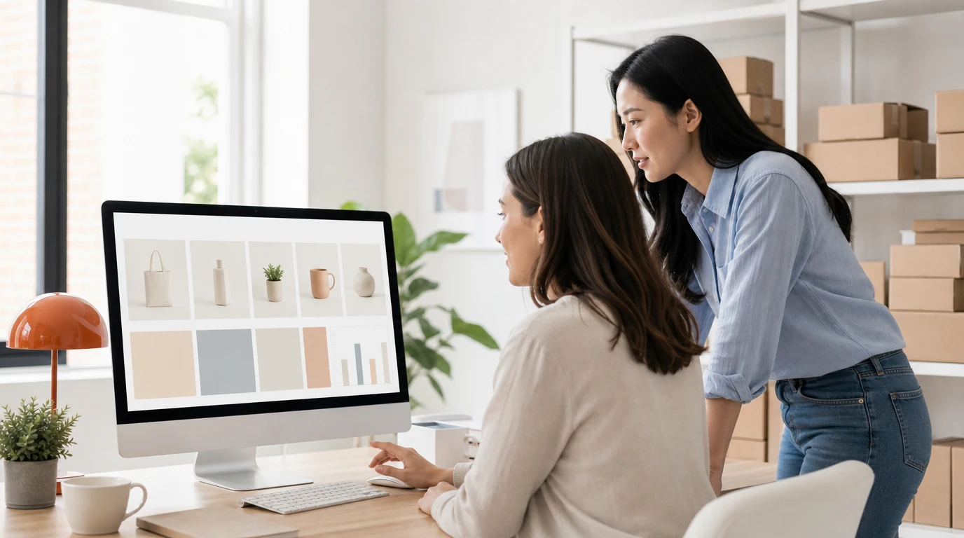 A business owner reviewing an ecommerce agency proposal and portfolio on a laptop before a hiring decision