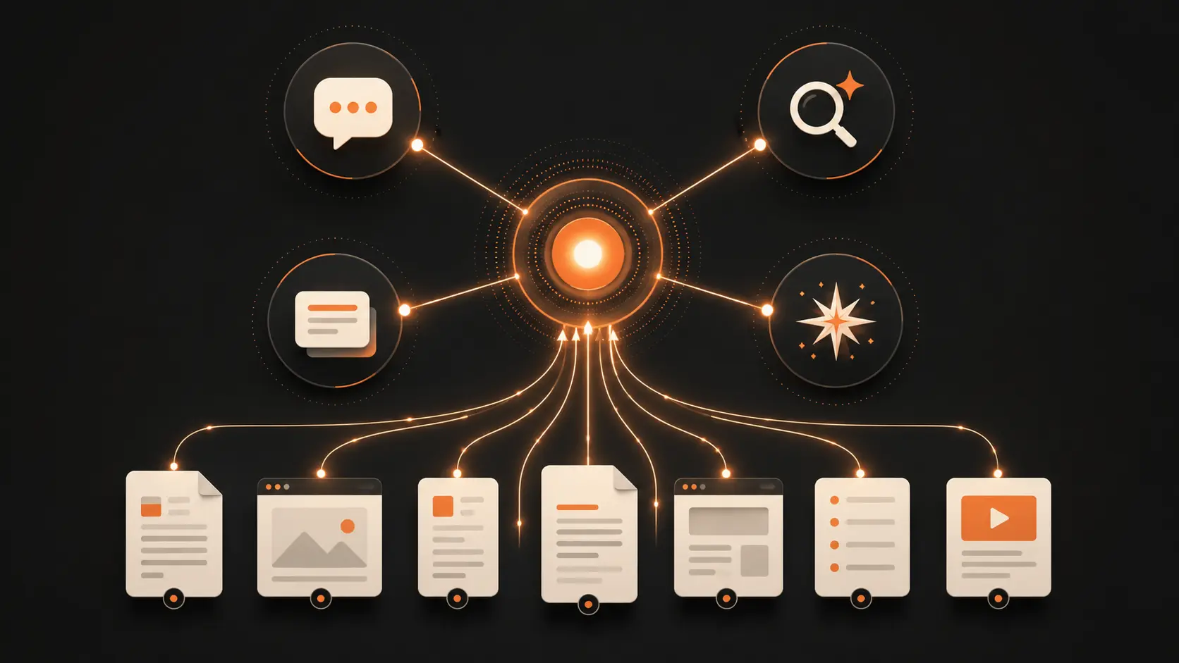 Diagram of generative engine optimization showing how ChatGPT, Google AI Overviews, Perplexity and Gemini select and cite sources in 2026