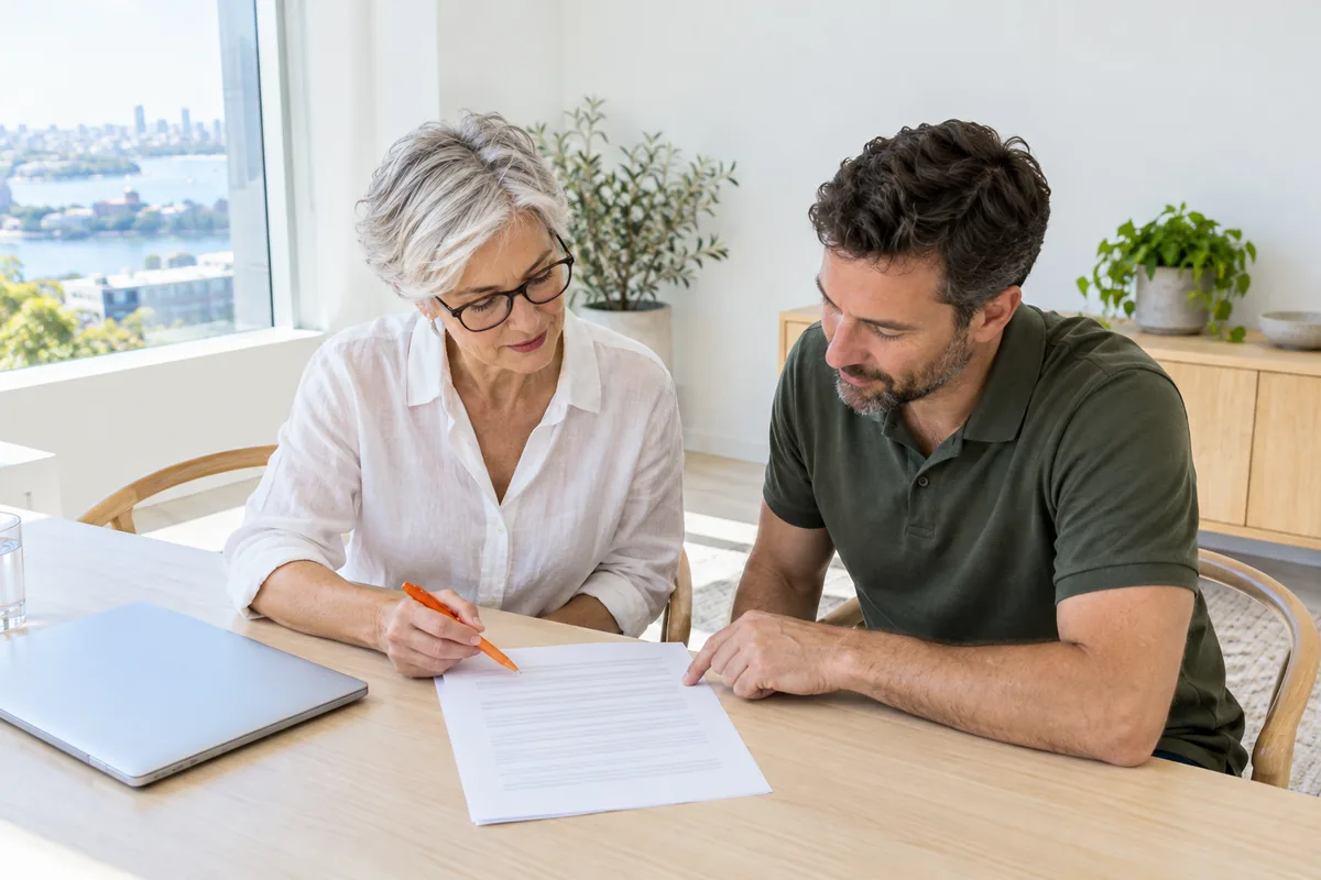 A woman with short silver hair holds an orange pen over a printed document while a man in a green polo shirt rests a finger on the page at a timber table