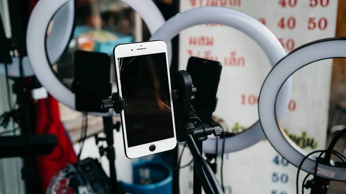 A smartphone mounted on a tripod filming a product, set up to sell on TikTok Shop