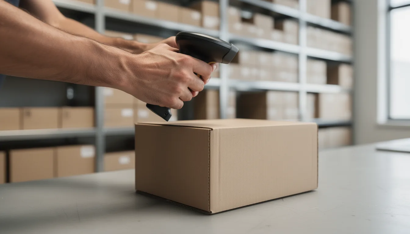 Hands scanning a plain cardboard box at a warehouse packing bench, representing the inventory and fulfilment work behind selling on a large online marketplace