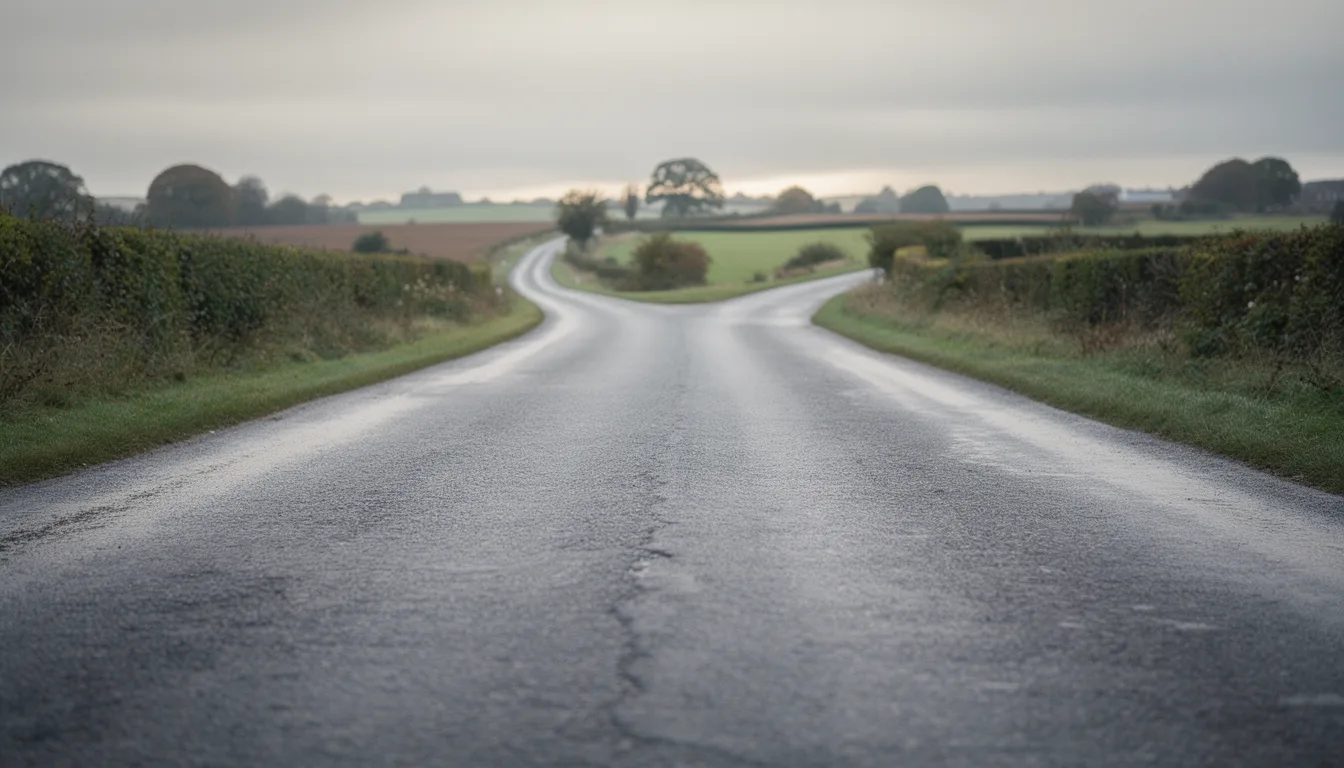 A country road that forks into two lanes and rejoins further ahead, representing generative engine optimisation building on search engine optimisation rather than replacing it
