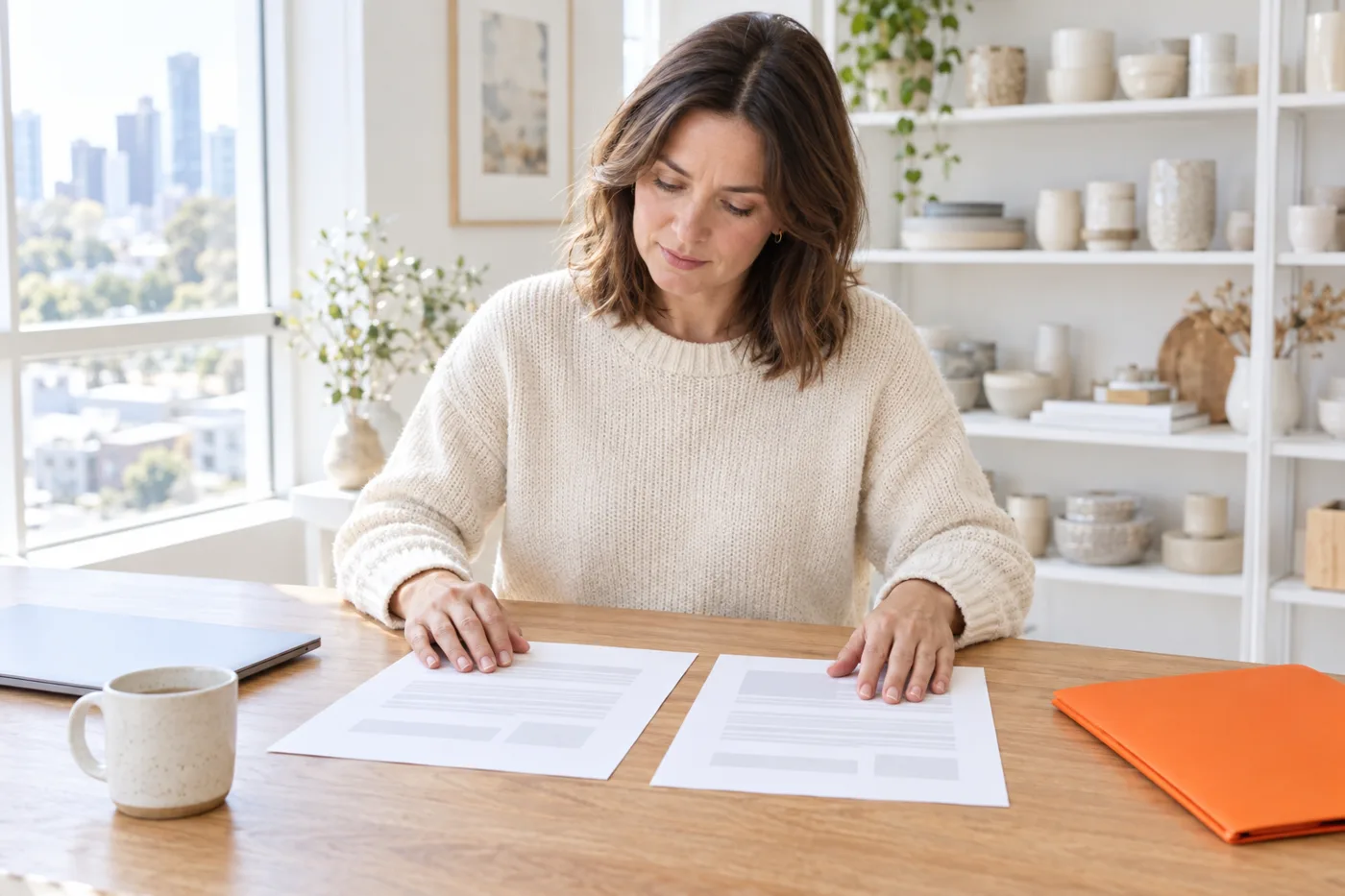 A Melbourne shop owner at a timber table comparing two printed SEO proposals side by side in her bright back office