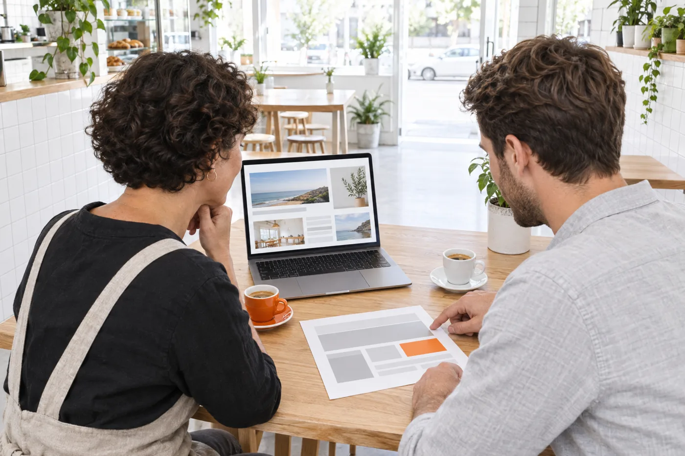 A Melbourne café owner and a web designer sit at a timber table reviewing a simple website layout on a laptop and a printed page