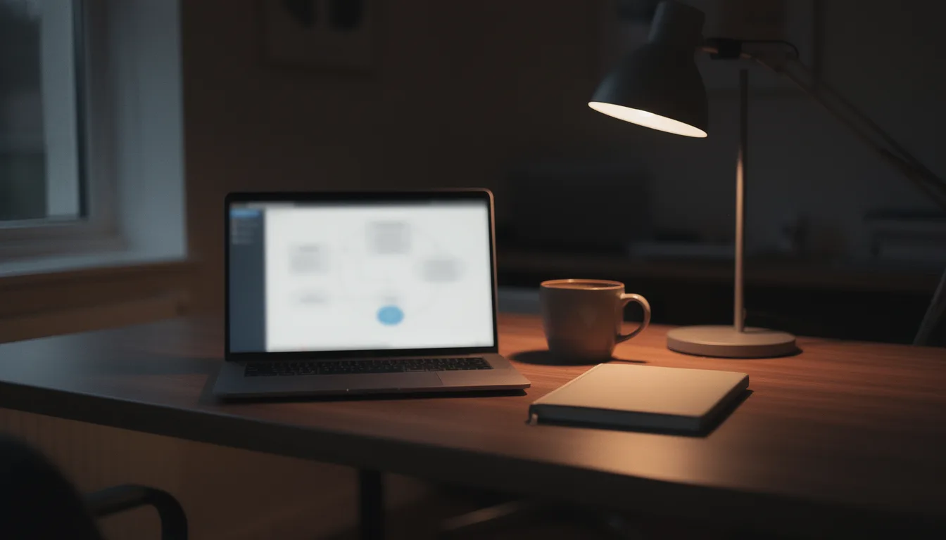 A quiet UK office desk at dusk with a workflow still running on an open laptop, illustrating the routine work a genuine AI automation agency takes off your hands