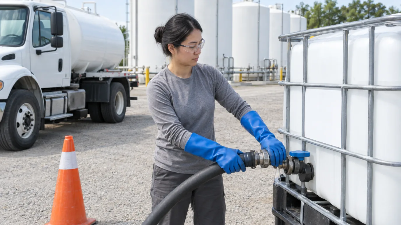 A worker in safety glasses and chemical gloves connecting a hose to a white tote tank, with bulk storage tanks and a tanker truck behind her