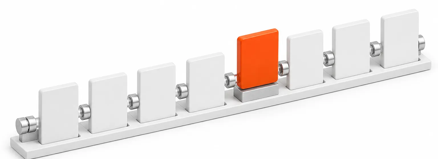 AI-generated model of a row of white page cards on a rail with one orange card raised above the rest