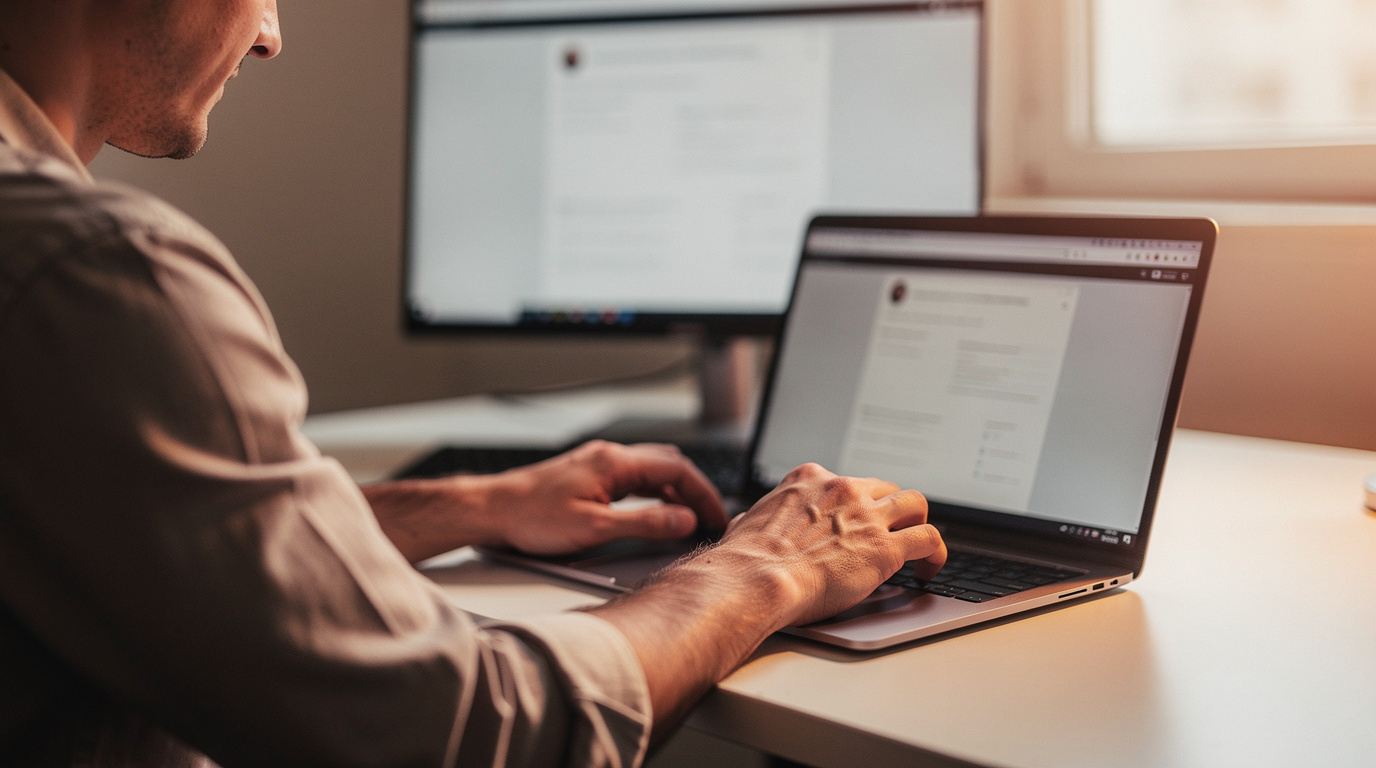 Close view of hands typing on a laptop while reviewing an agent-drafted support reply
