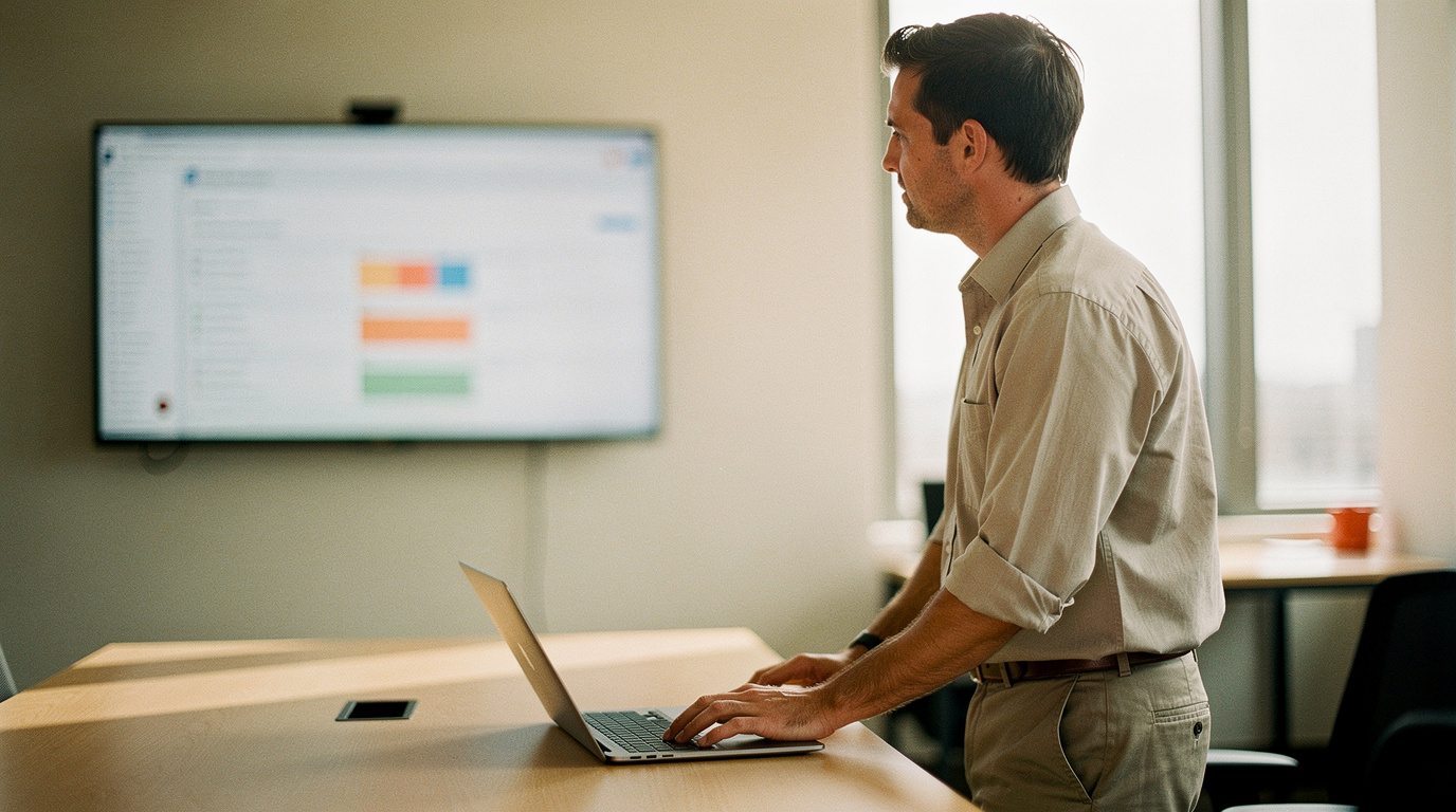 A support operations lead reviewing a live ticket queue dashboard on a wall monitor