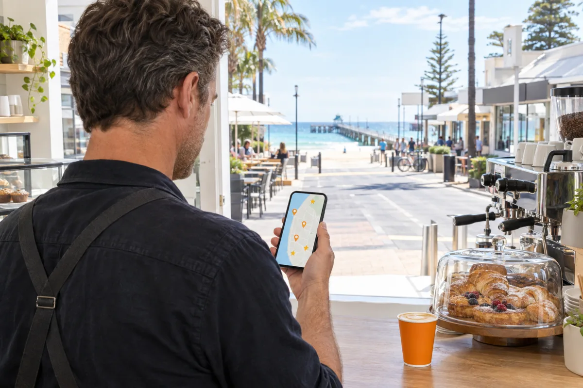 Over the shoulder of a Jetty Road café owner in Glenelg checking his business on a phone map, with the beach and the Glenelg jetty at the end of the street