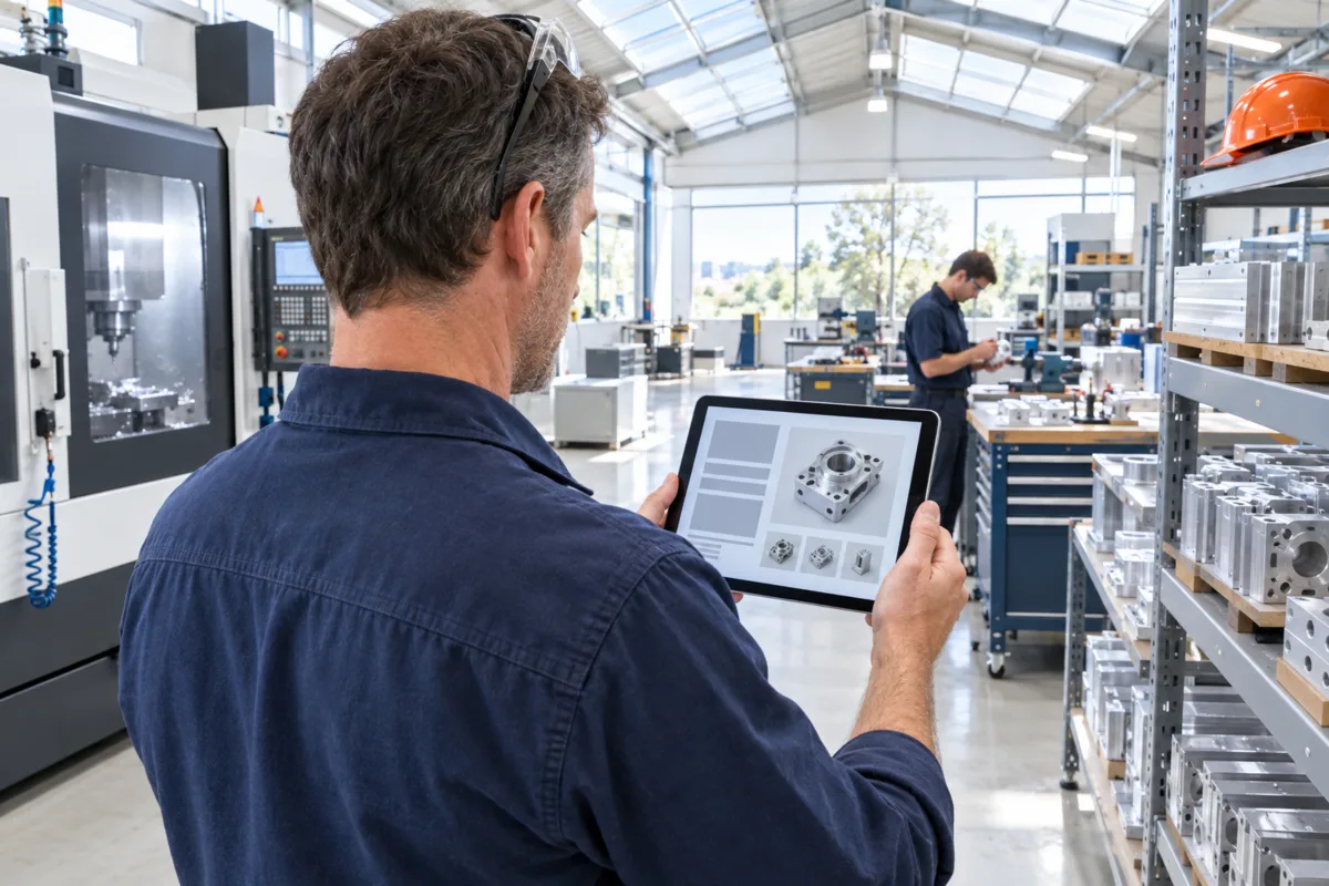 A production engineer in an Adelaide northern suburbs machining workshop checks a product specification page on a tablet, with CNC machines and racked aluminium parts around him