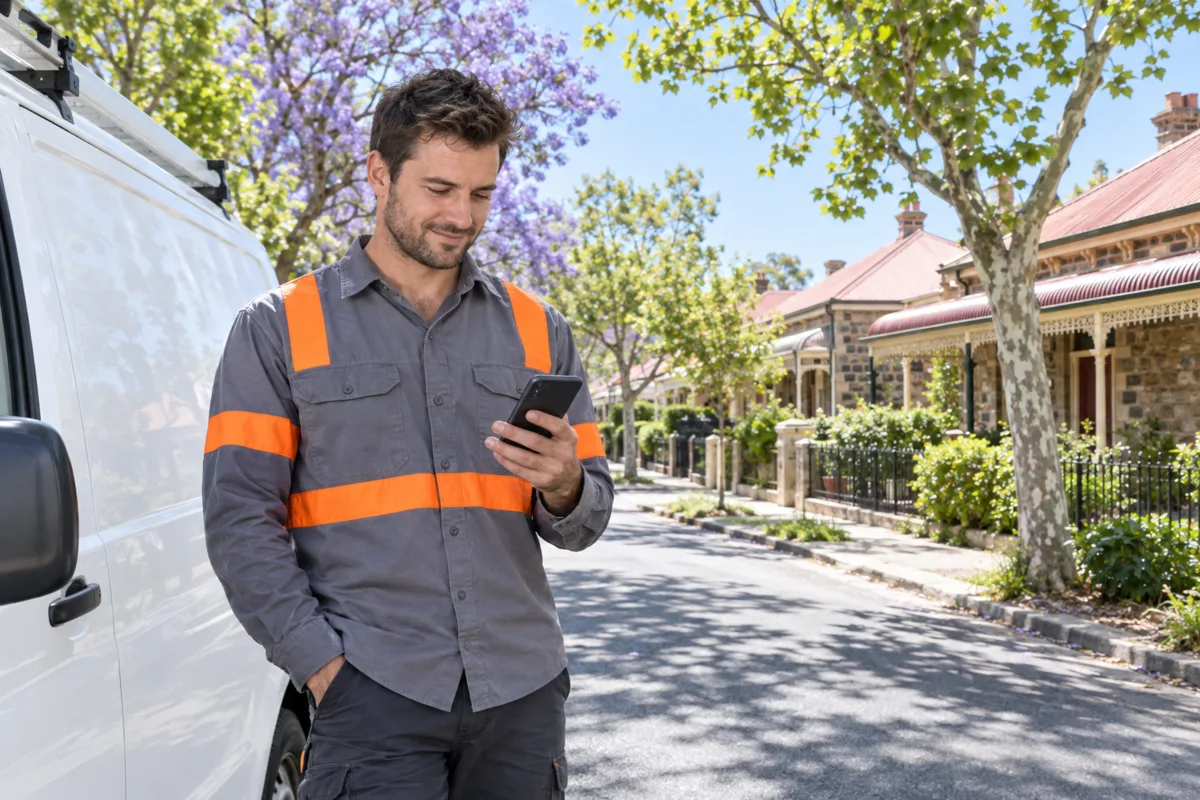 An Adelaide electrician beside his van on a leafy Unley street of bluestone villas checks a new job enquiry on his phone