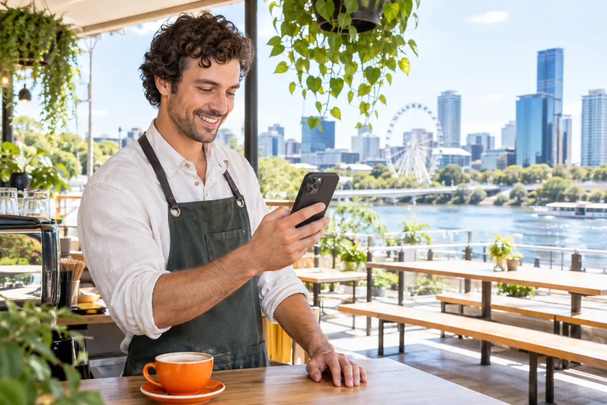 A cafe owner at a riverside cafe in South Bank, Brisbane, checks his cafe’s listing on his phone, with the Brisbane River, the city skyline and the Wheel of Brisbane behind him