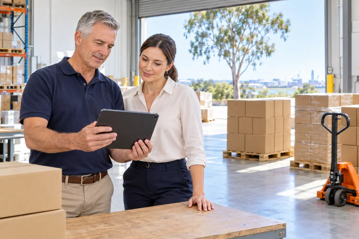 A sales manager shows a trade buyer a tablet beside pallets of plain cartons in a bright distribution warehouse near the Brisbane TradeCoast
