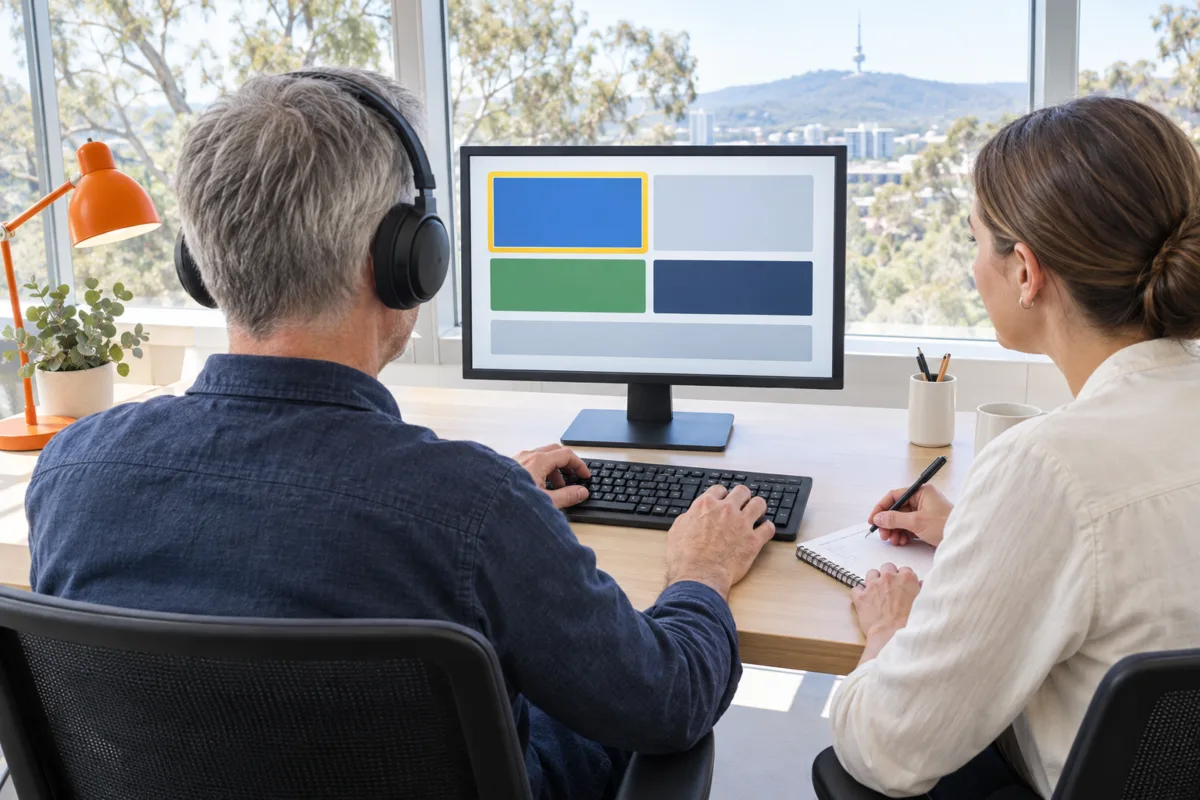 Over the shoulder of a tester in headphones moving through a web page with only the keyboard, a bold focus outline on the screen, while a colleague takes notes in a Canberra office