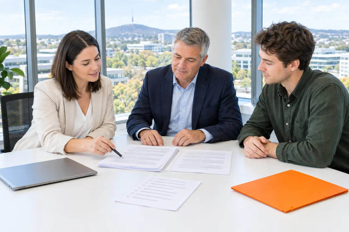 Three people at a Canberra consultancy review printed tender documents and a checklist at a meeting table, with Black Mountain on the skyline