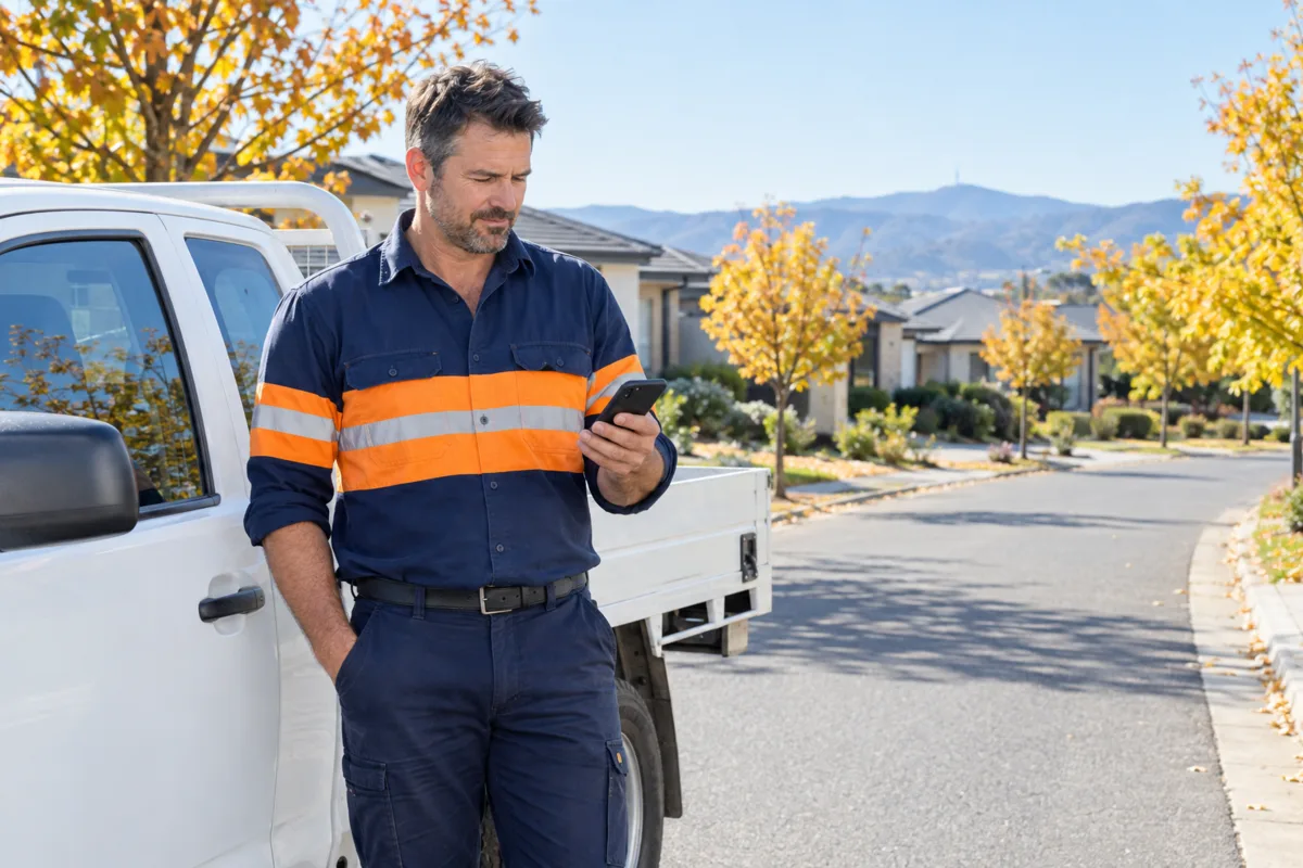 A Canberra plumber beside his ute on a Gungahlin street in autumn checks a new job enquiry on his phone, the Brindabella Ranges on the horizon