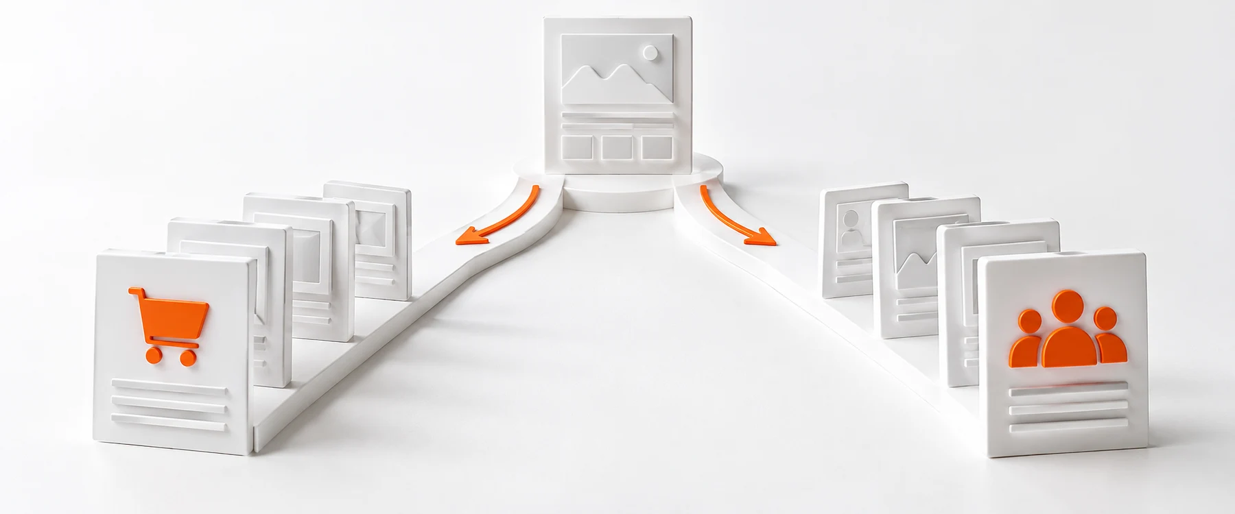 AI-generated model: two paths of white page cards splitting from one home page card, one path marked trade and one marked visitors in orange