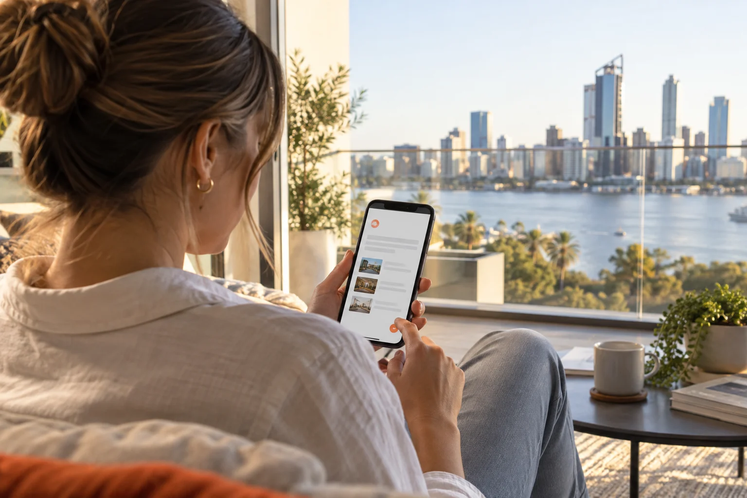 Over-the-shoulder view of a woman in a Perth apartment reading an AI assistant answer that recommends local businesses on her phone