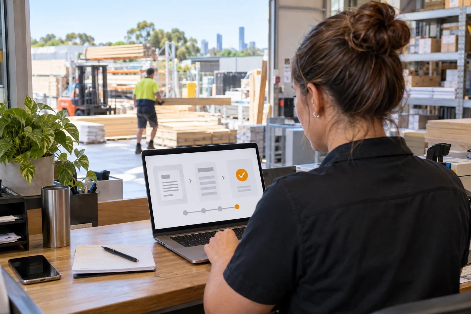 Over-the-shoulder view of an office manager at a Brisbane building supplies trade counter reviewing a completed purchase-order extraction and approval workflow on her laptop