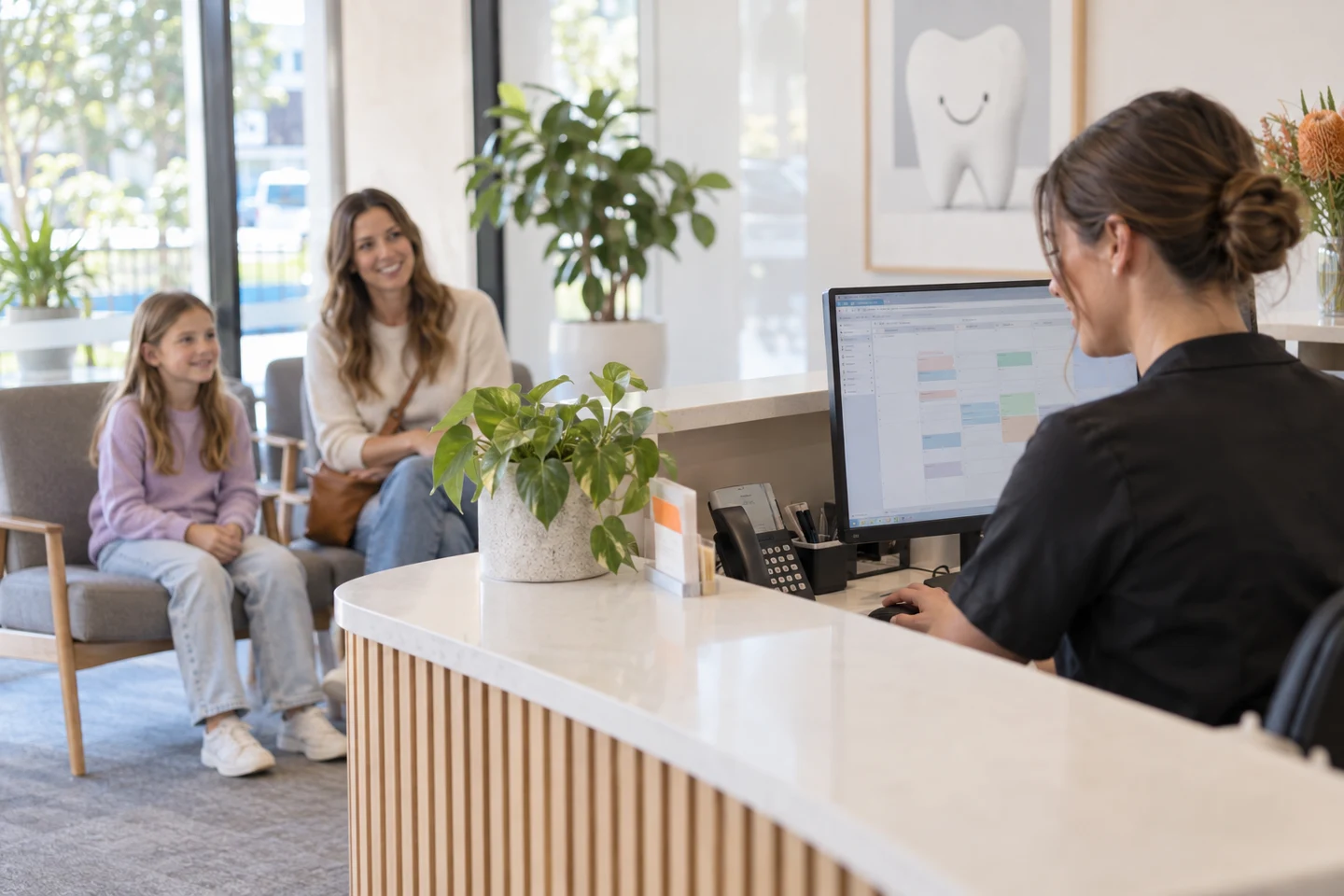 AI-generated photo showing The receptionist at a Chermside dental clinic checking the booking system while a mother and daughter wait