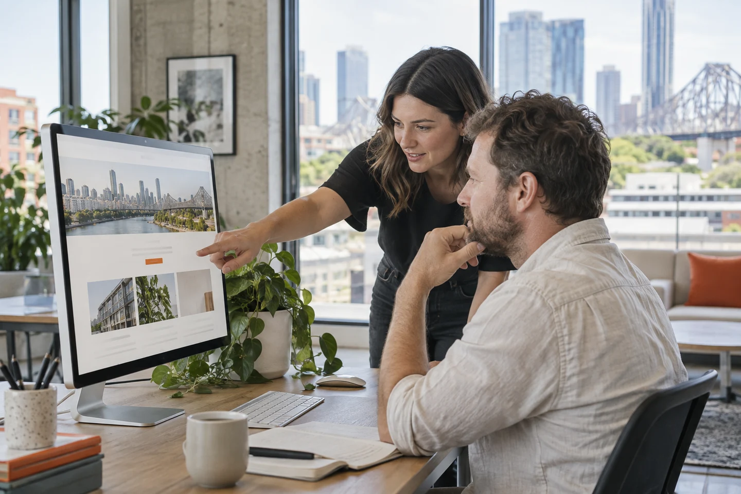 AI-generated photo showing A Brisbane web designer and a business owner reviewing a new homepage on a monitor in a Fortitude Valley office
