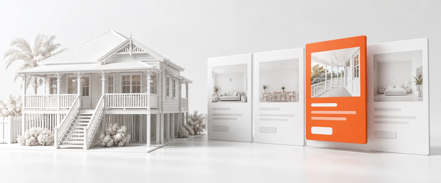 AI-generated model: a white Queenslander house model beside a row of white website page cards, one card lifted in orange