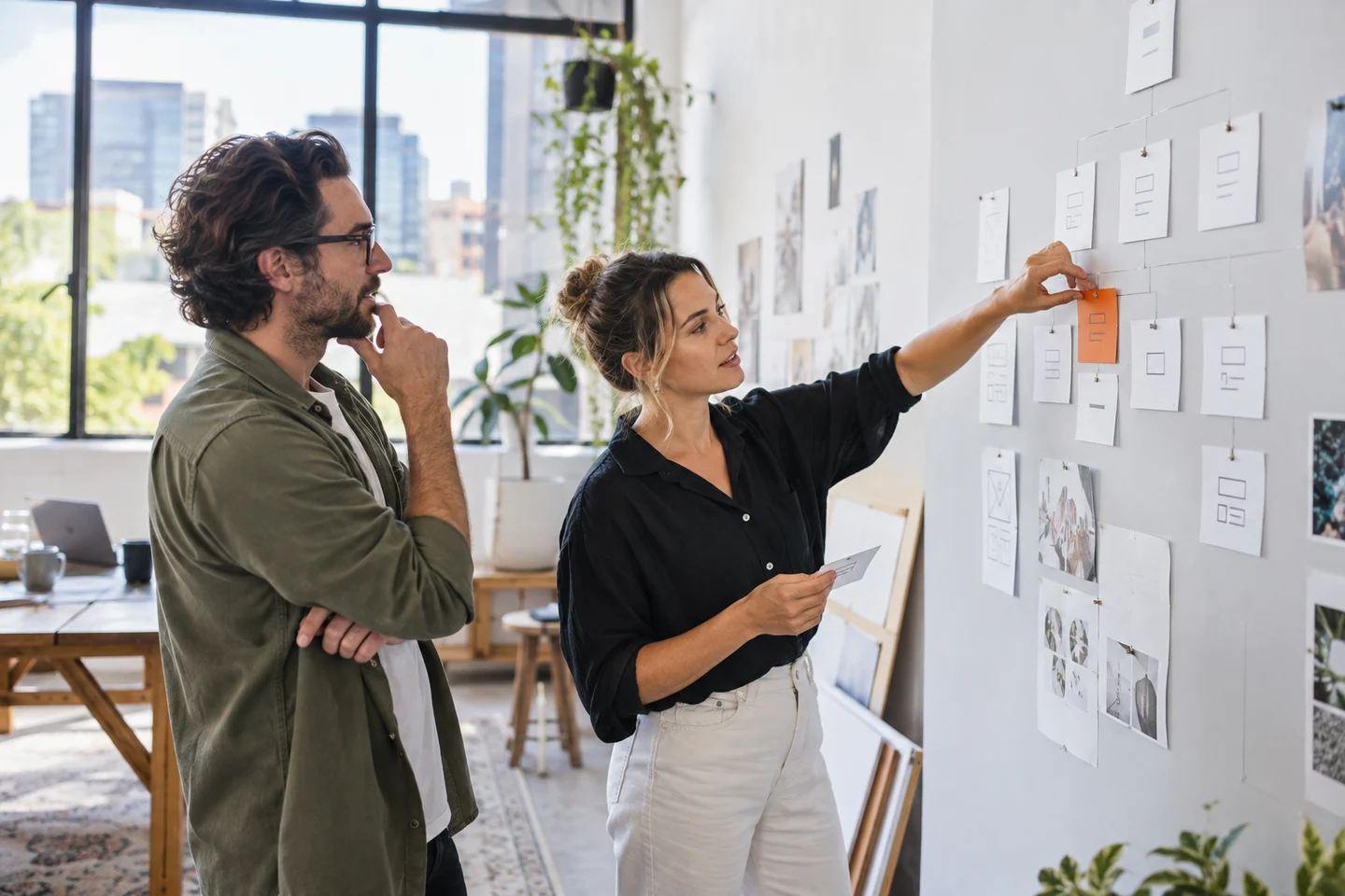 AI-generated photo showing A web designer and a business owner planning a sitemap with cards pinned to a wall in a West End studio