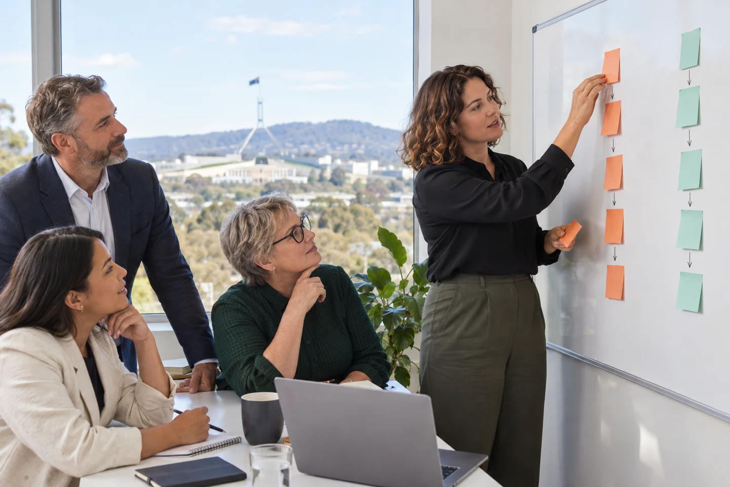 AI-generated photo showing A web strategist arranging sticky notes into two audience paths on a whiteboard while three people from a Canberra peak body watch