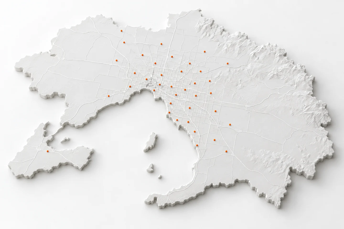 AI-generated map showing A plain map of greater Melbourne with the listed suburbs and Geelong marked as small dots; no office pin, because FactoryJet has no Melbourne office