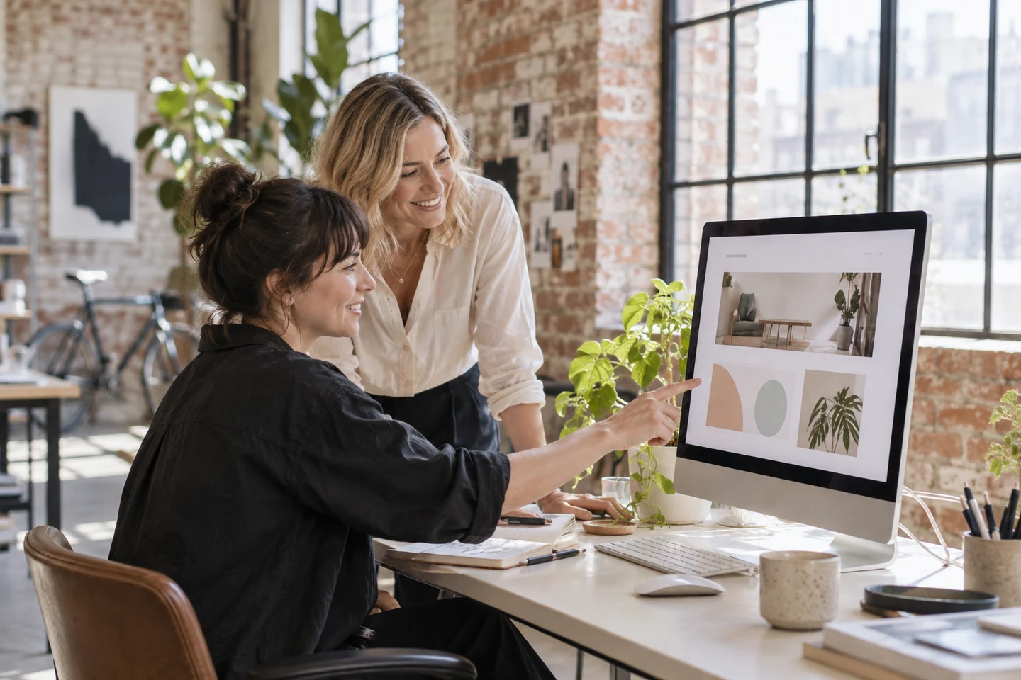 AI-generated photo showing A Melbourne web designer and a business owner reviewing her new homepage on a monitor in a Collingwood warehouse studio
