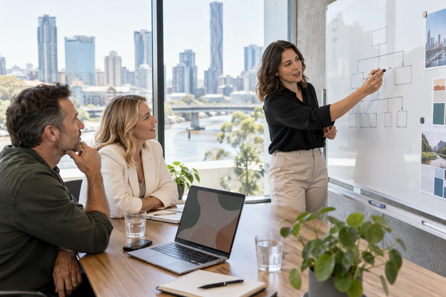 AI-generated photo showing A web strategist sketching a sitemap on a whiteboard for two business owners in a Southbank meeting room