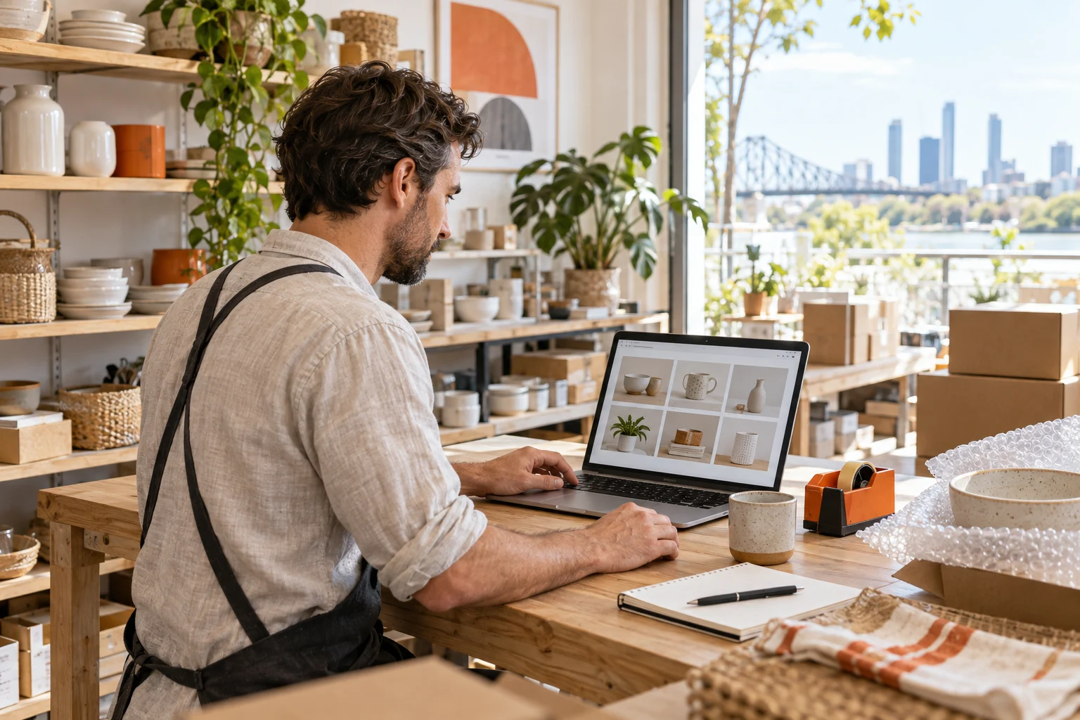 AI-generated photo showing A Brisbane homewares store owner at his packing bench reviewing a grid of product photos on his laptop