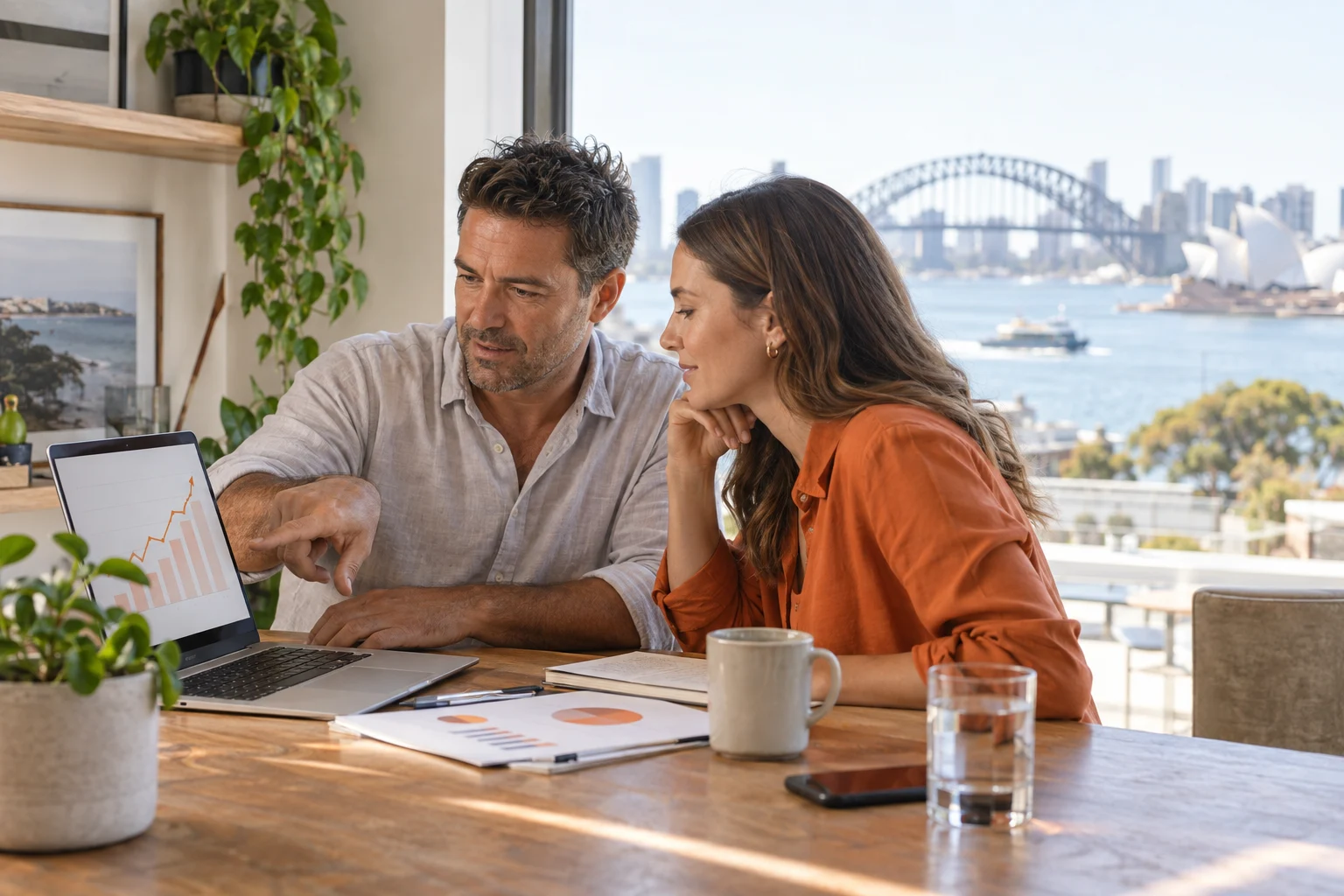 AI-generated photo showing A Sydney business owner and an SEO consultant reviewing a rising search performance chart on a laptop