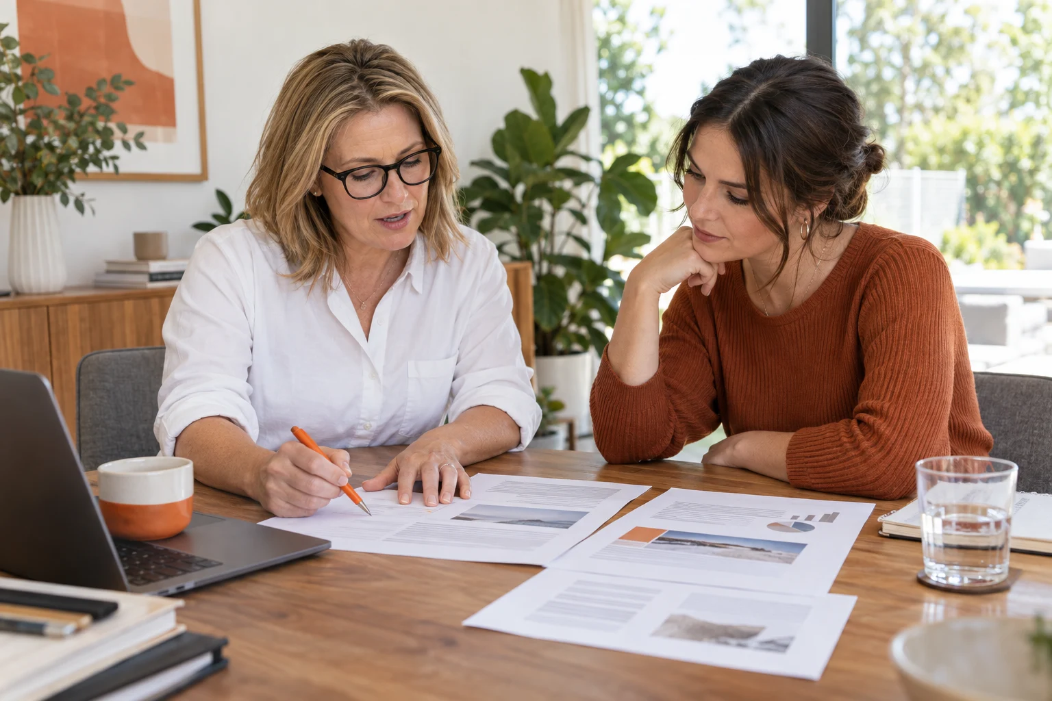 AI-generated photo showing An accountant marking up printed drafts of her service pages while a content writer listens