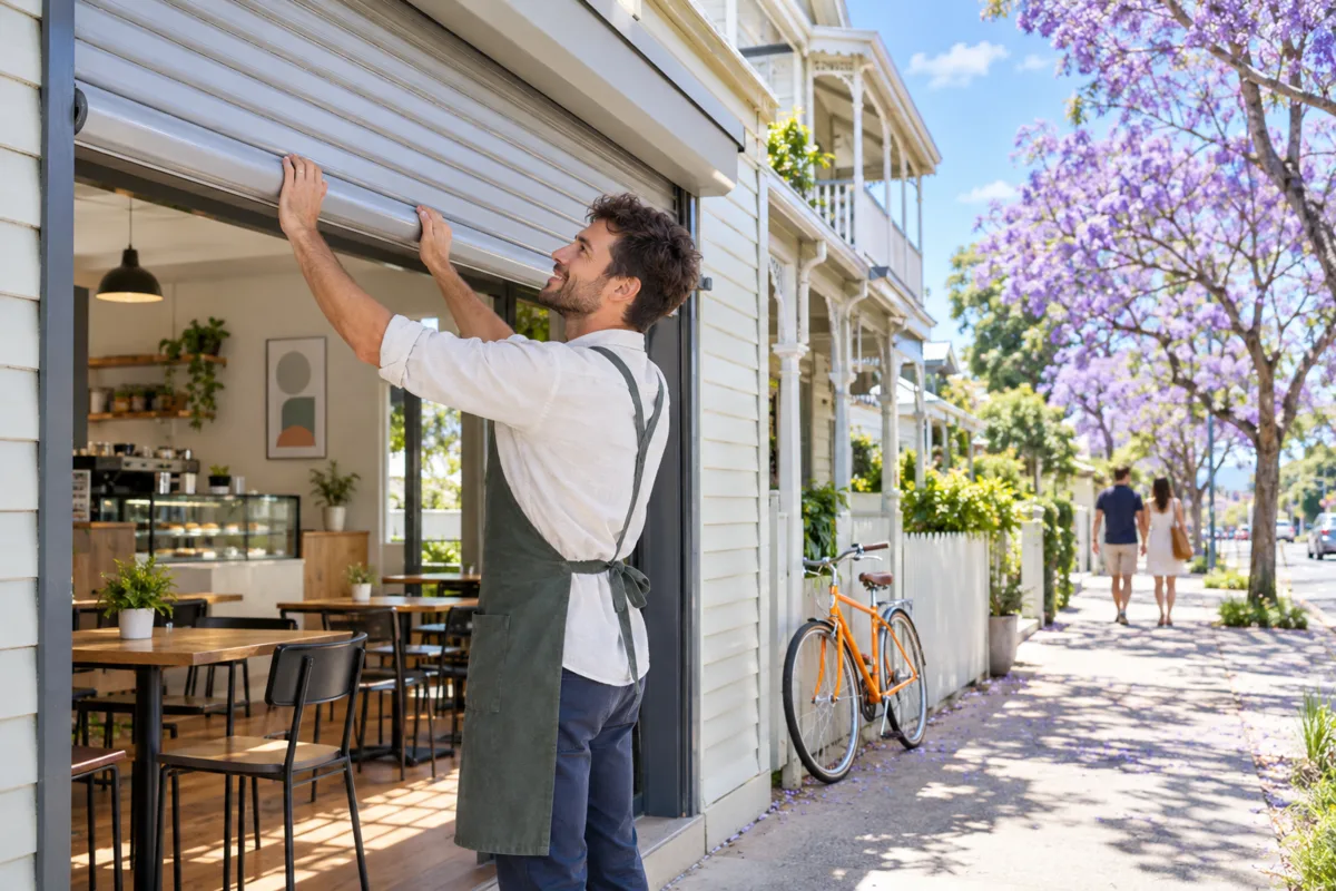 A Brisbane café owner rolling up his shopfront shutter on a sunny morning street lined with jacaranda trees and timber Queenslander buildings