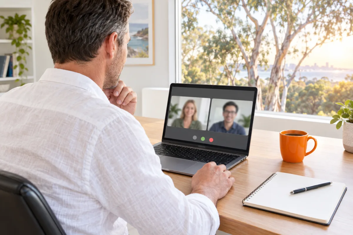 Over-the-shoulder view of a Perth business owner on an early-morning video call with the FactoryJet team from his home office