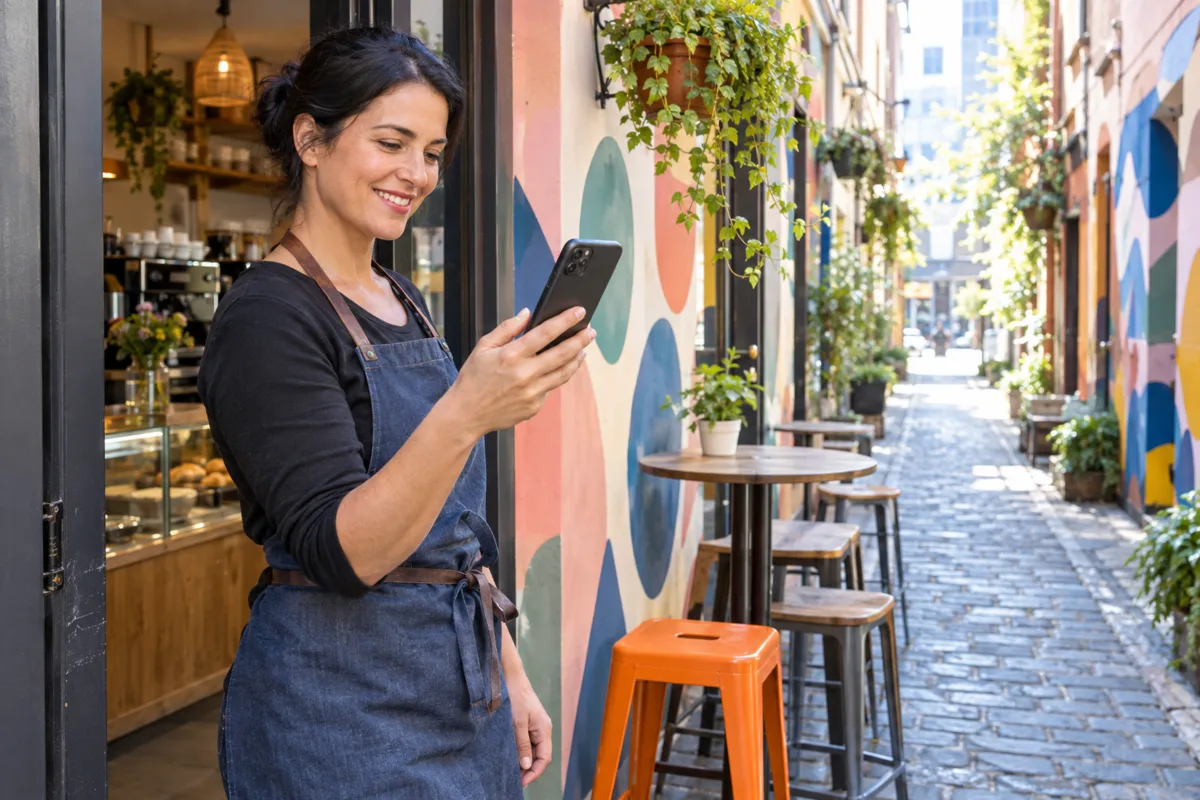 A cafe owner in a Melbourne CBD laneway checks her new website on her phone in the doorway of her cafe, with murals, hanging plants and bluestone cobbles behind her