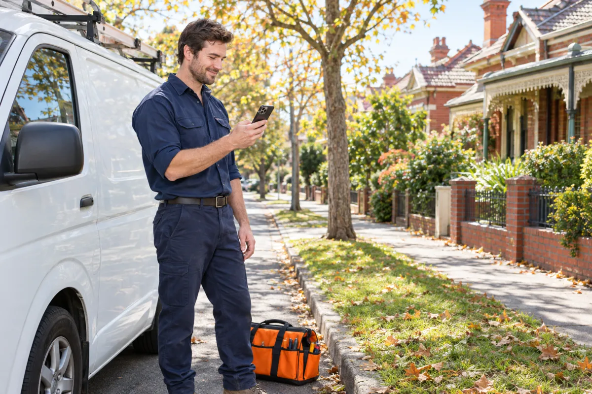 A Melbourne plumber beside his white van on a leafy street of red-brick Edwardian houses checks a new job enquiry on his phone